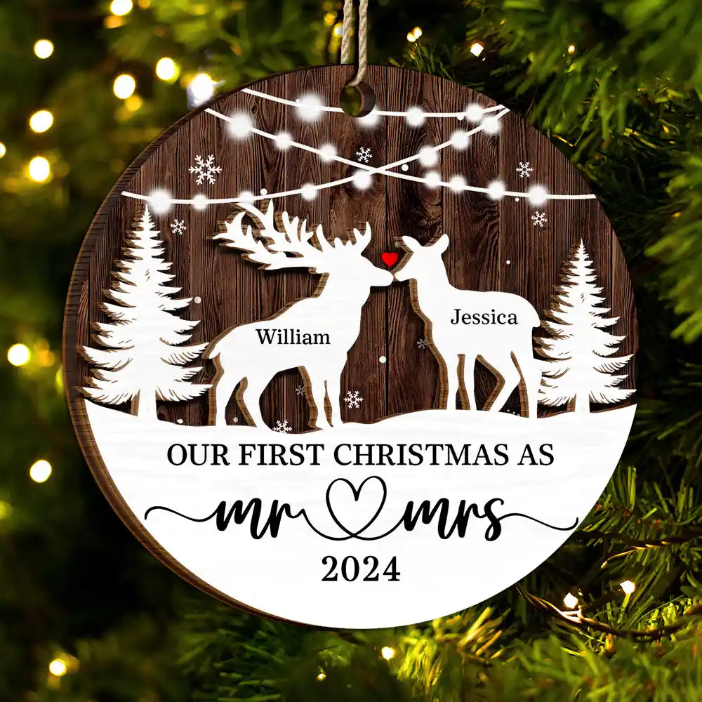 Deer Couple Our First Christmas As Mr. & Mrs. - Personalized 2-Layered Wooden Ornament