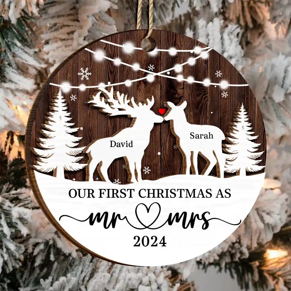 Deer Couple Our First Christmas As Mr. & Mrs. - Personalized 2-Layered Wooden Ornament