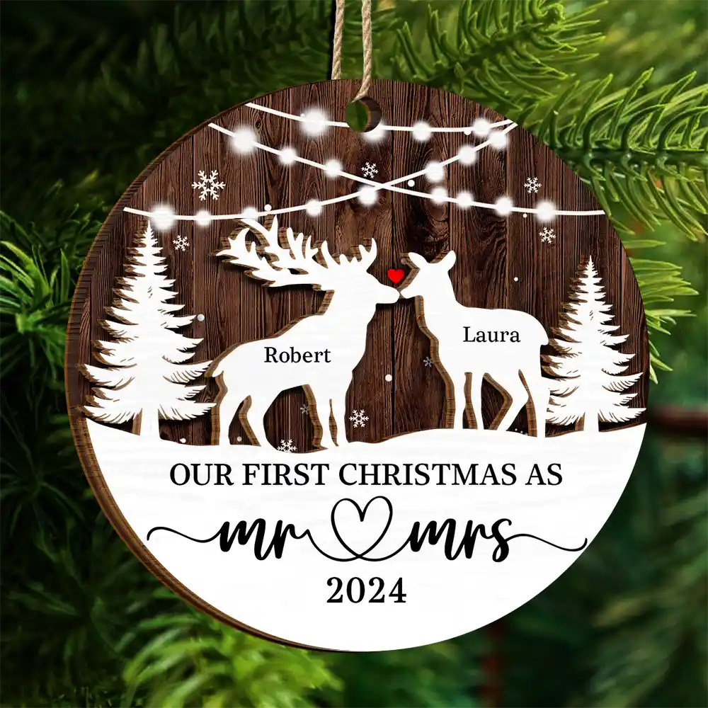 Deer Couple Our First Christmas As Mr. & Mrs. - Personalized 2-Layered Wooden Ornament