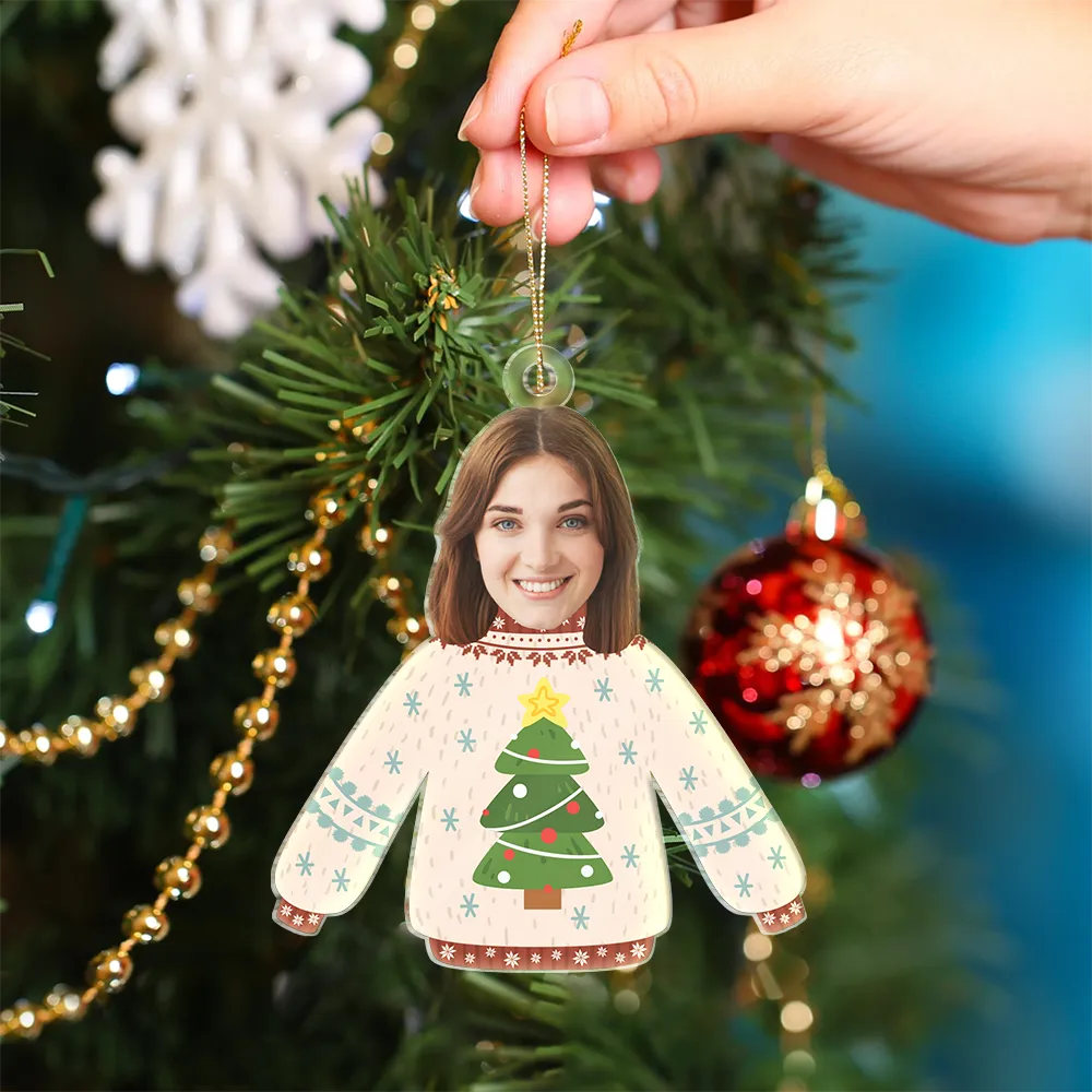 Custom Photo Funny Family Faces Hanging Christmas Sweater - Personalized Cutout Acrylic Ornament