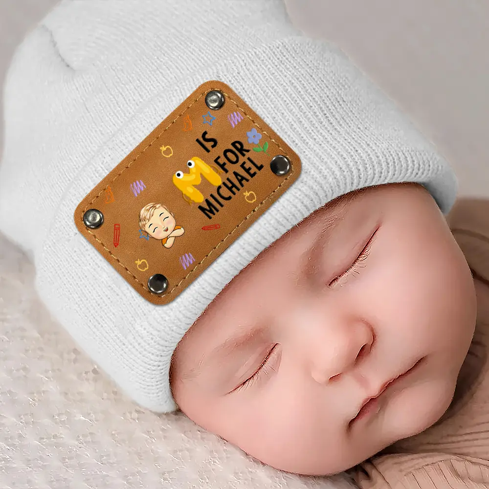 Gift For Kids,Happy - Alphabet Baby Kid's Name - Personalized Beanie With Leather Patch