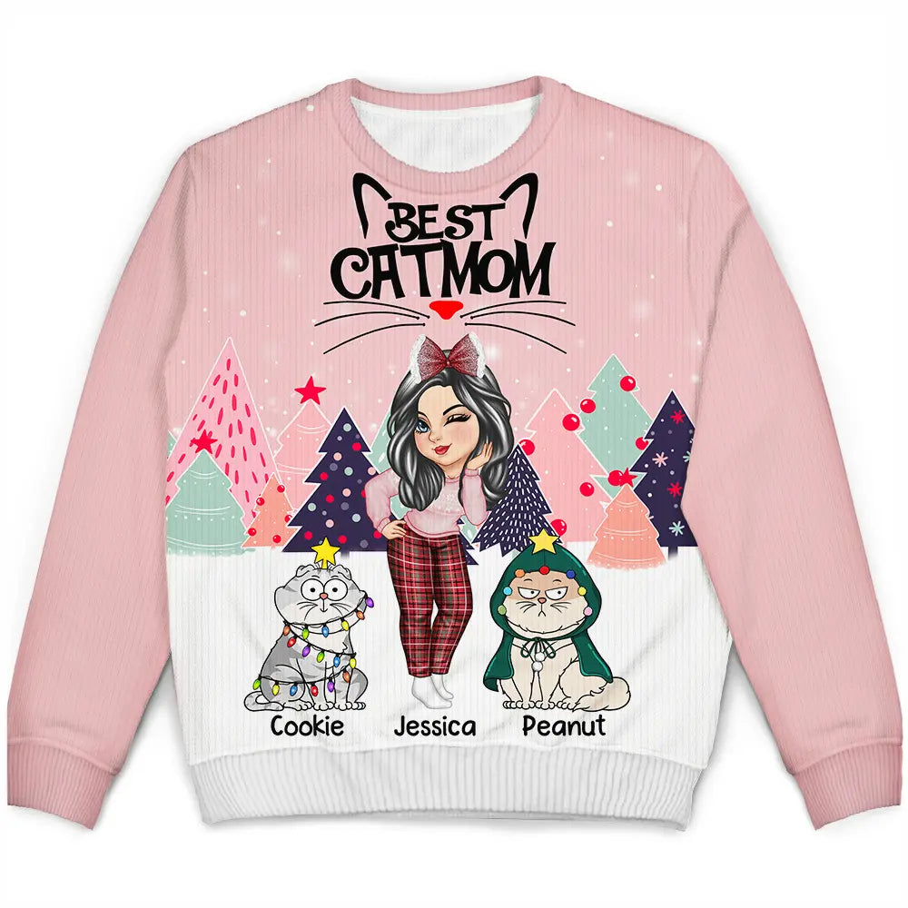 Christmas,Cat Lovers,Cat Mom,Gift For Yourself,Gift For Women,Happy - Christmas Best Cat Mom Funny Cartoon Cats - Personalized Unisex Ugly Sweater