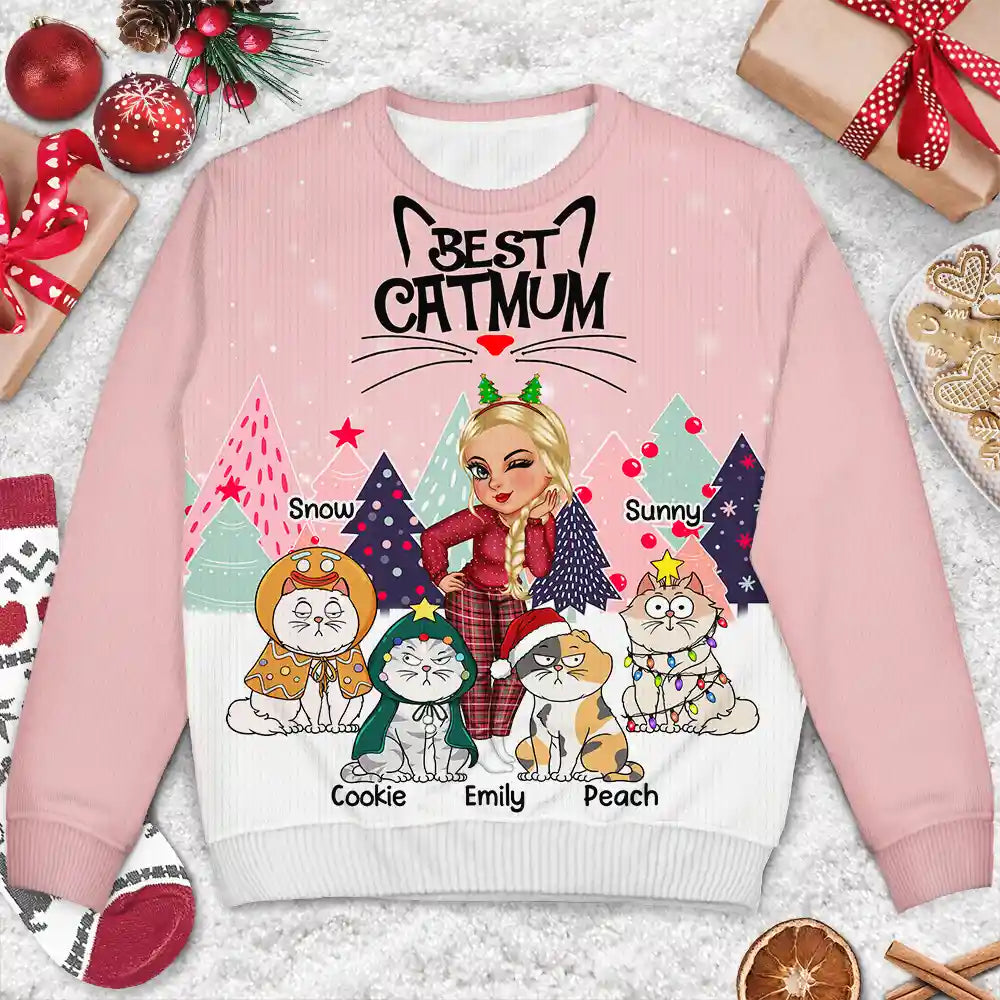 Christmas,Cat Lovers,Cat Mom,Gift For Yourself,Gift For Women,Happy - Christmas Best Cat Mom Funny Cartoon Cats - Personalized Unisex Ugly Sweater