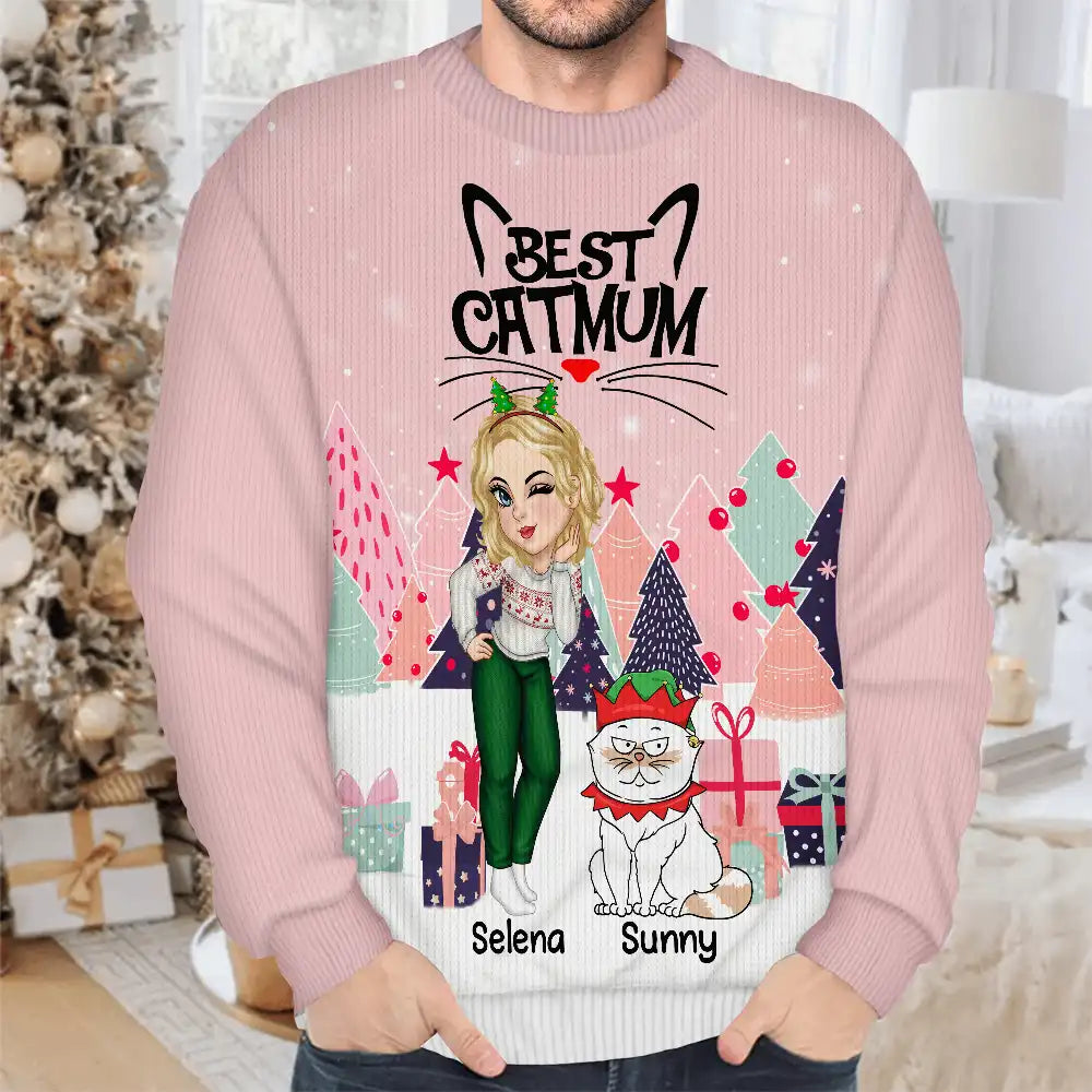 Christmas,Cat Lovers,Cat Mom,Gift For Yourself,Gift For Women,Happy - Christmas Best Cat Mom Funny Cartoon Cats - Personalized Unisex Ugly Sweater