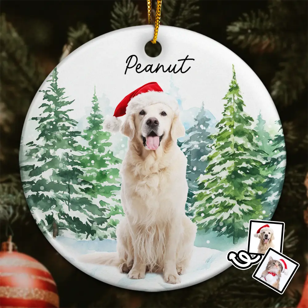 Pet Lovers - Custom Photo Dog Cat Christmas - Personalized Circle Ceramic Ornament