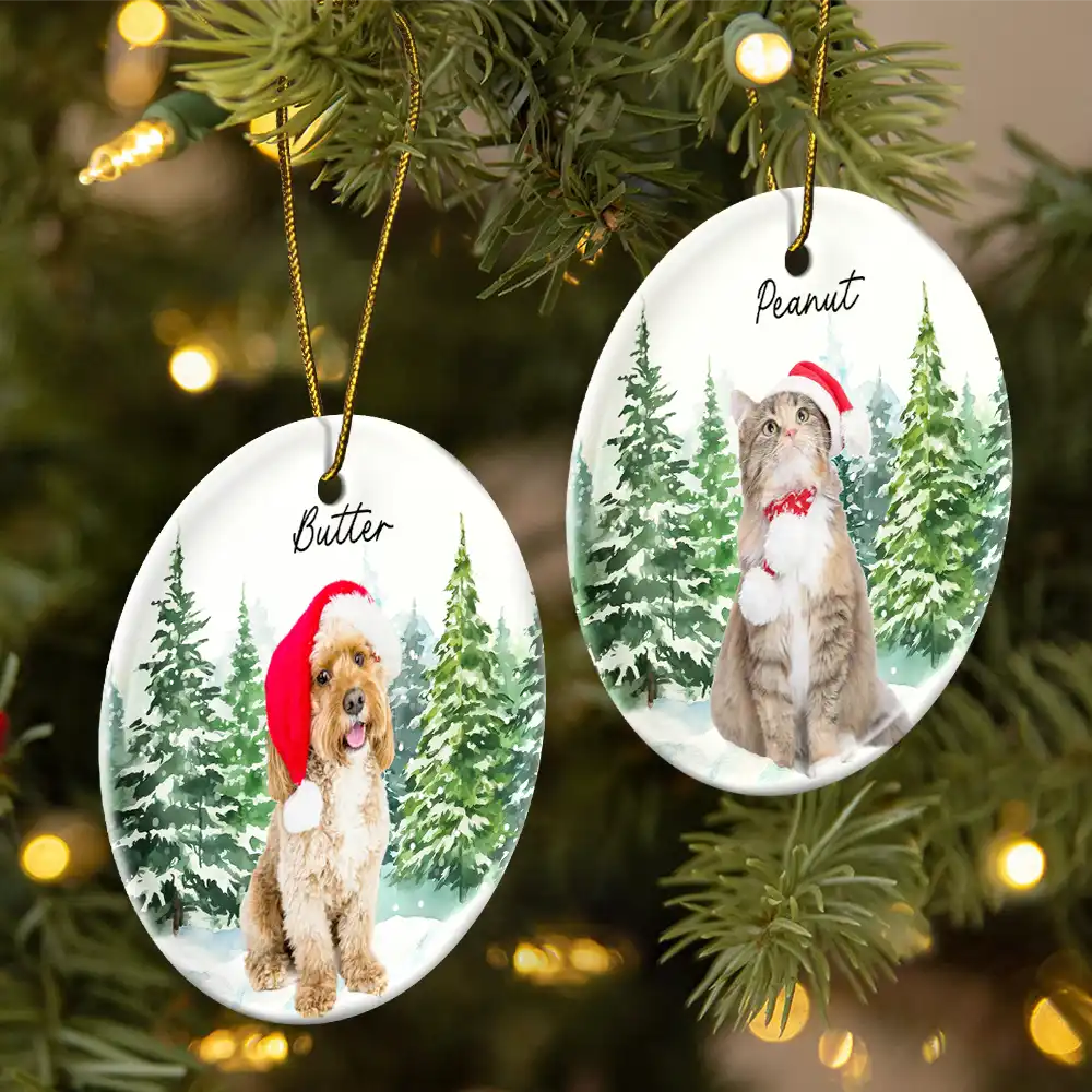 Pet Lovers - Custom Photo Dog Cat Christmas - Personalized Circle Ceramic Ornament