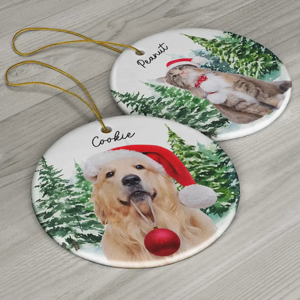 Pet Lovers - Custom Photo Dog Cat Christmas - Personalized Circle Ceramic Ornament