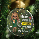 Christmas,Teacher,Happy - Teacher Never Forget The Difference You Make - Personalized Circle Glass Ornament