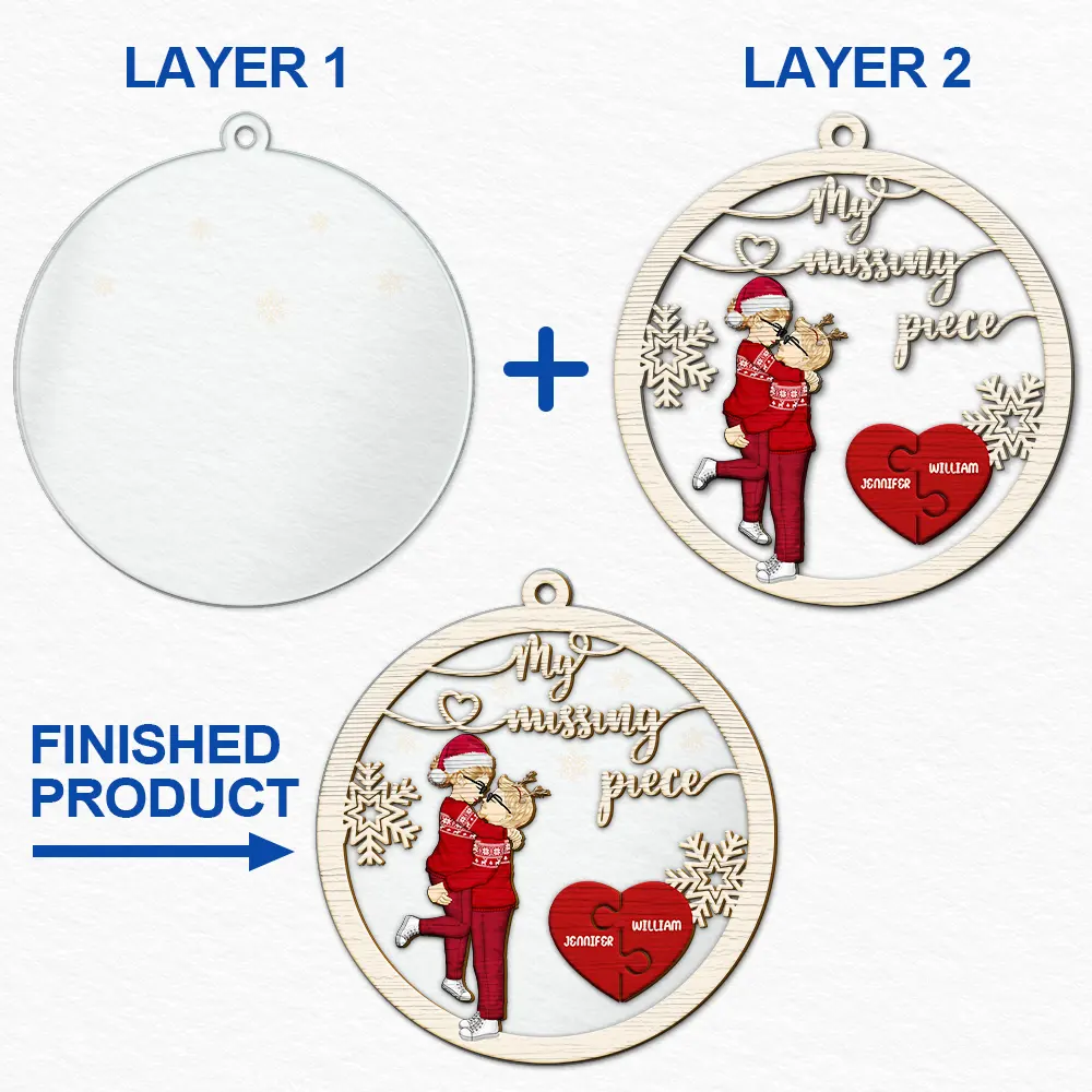 Gift For Couples, Gift For Husband, Gift For Wife, Gift For Boyfriend, Gift For Girlfriend - My Missing Piece Christmas Couple Hugging Kissing - Personalized 2-Layered Mix Ornament