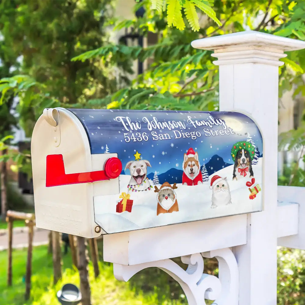 Christmas,Pet Lovers,Dog Lovers,Cat Lovers,Happy - Christmas Dogs Cats Pets - Personalized Mailbox Cover