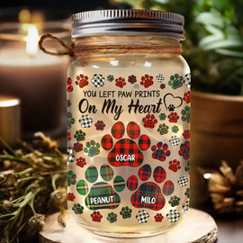 Memorial, Pet Lovers, Dog Lovers, Cat Lovers - Memorial Dog Cat You Left Paw Prints On My Heart - Personalized Mason Jar Light