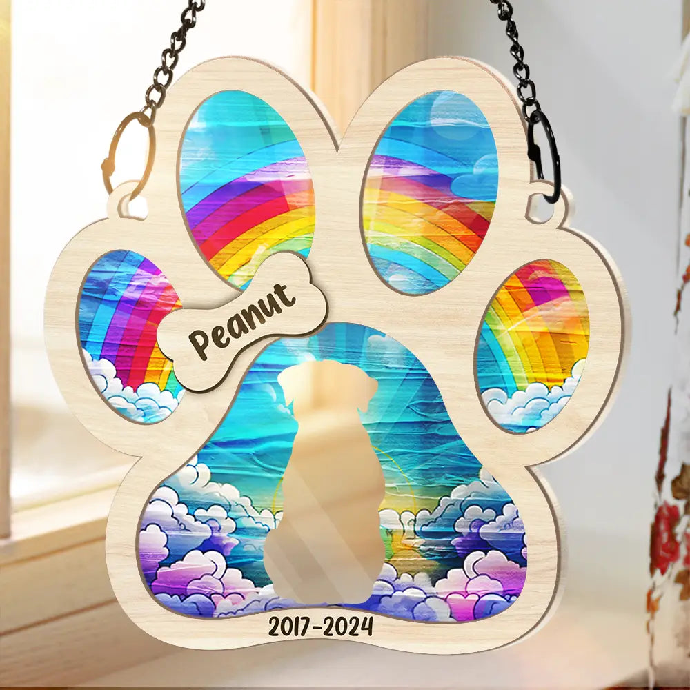 Memorial, Pet Lovers, Dog Lovers -Memorial Dog Waiting At The Rainbow Bridge - Personalized Window Hanging Suncatcher Ornament