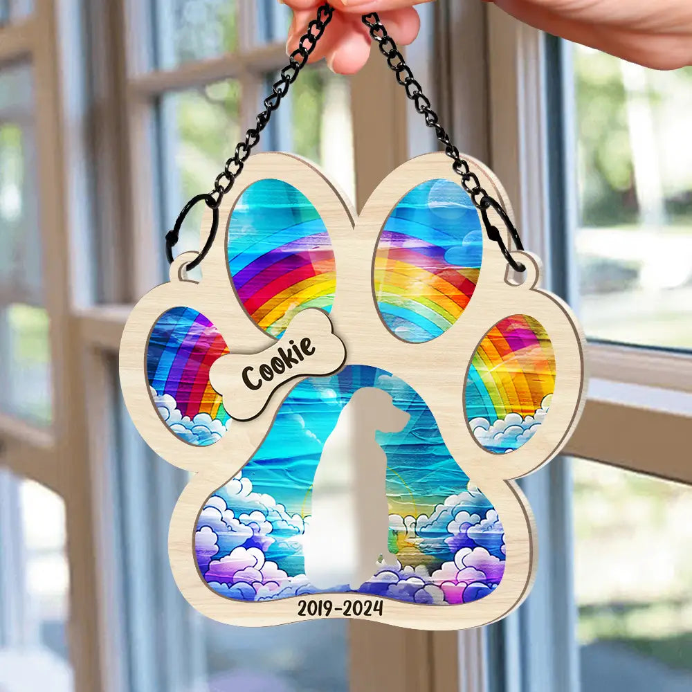 Memorial, Pet Lovers, Dog Lovers -Memorial Dog Waiting At The Rainbow Bridge - Personalized Window Hanging Suncatcher Ornament