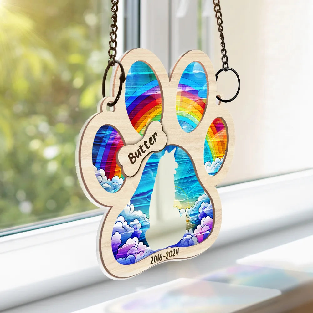 Memorial, Pet Lovers, Dog Lovers -Memorial Dog Waiting At The Rainbow Bridge - Personalized Window Hanging Suncatcher Ornament