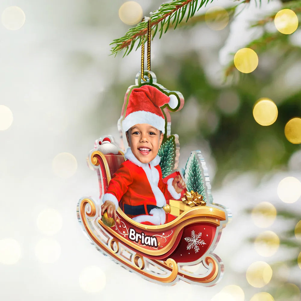 Gift For Kids - Custom Photo Baby In Sleigh - Personalized Custom Shaped Acrylic Ornament