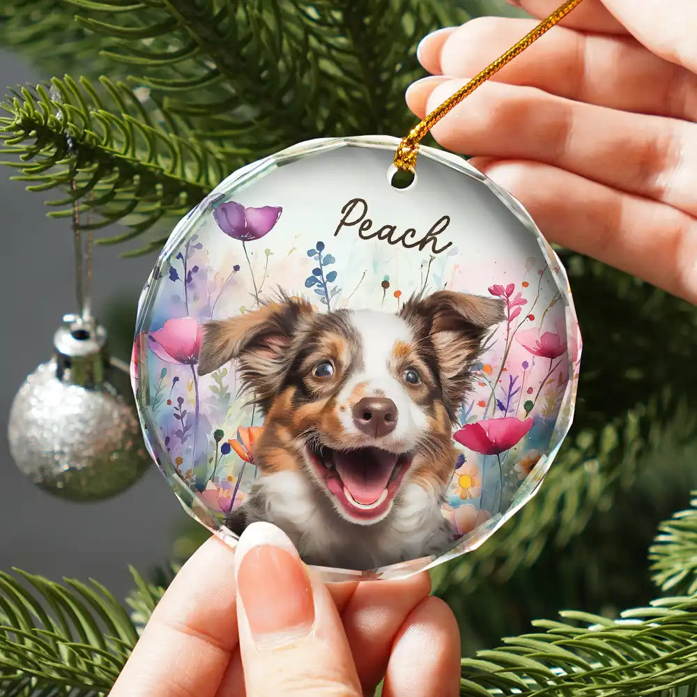 Pet Lovers,Dog Lovers,Cat Lovers - Custom Photo Dog Cat Pet Watercolor Wildflowers - Personalized Circle Glass Ornament