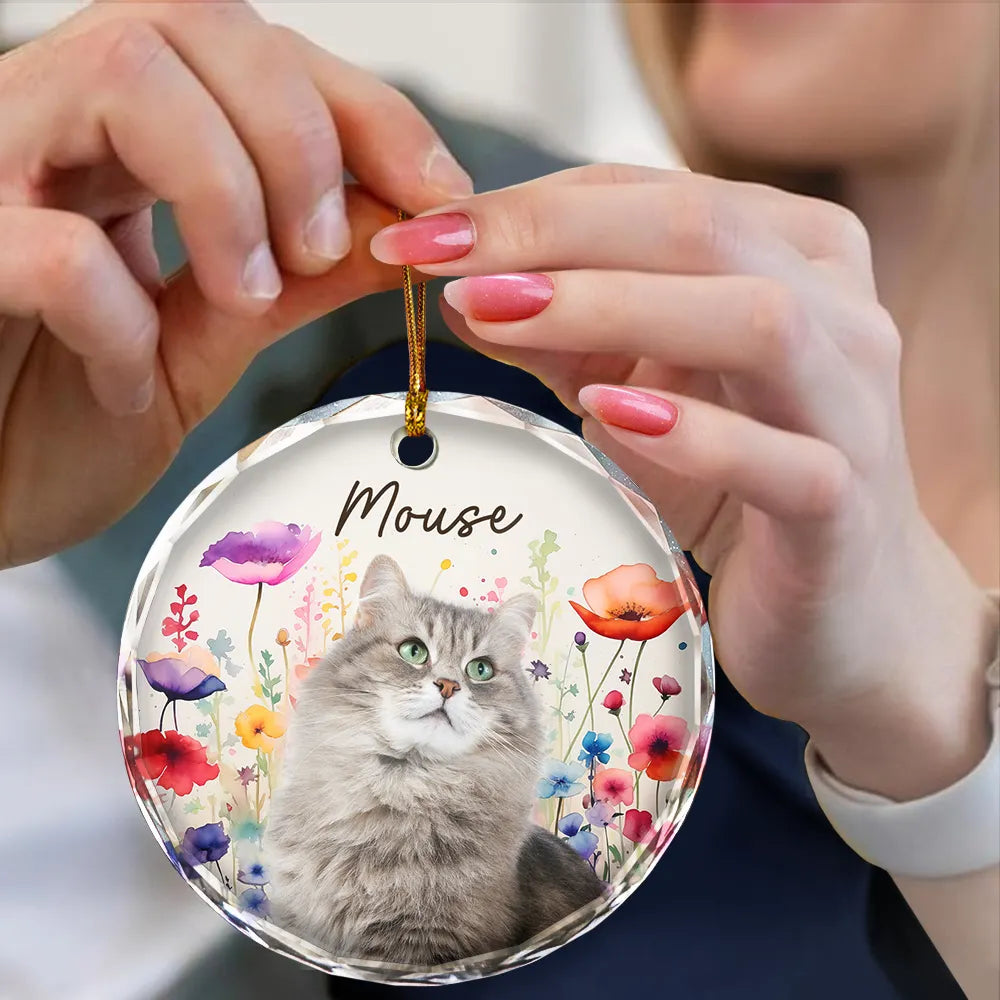 Pet Lovers,Dog Lovers,Cat Lovers - Custom Photo Dog Cat Pet Watercolor Wildflowers - Personalized Circle Glass Ornament