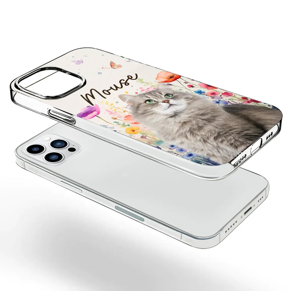 Continue Shopping,Custom Photo,Pet Lovers,Dog Lovers,Cat Lovers,Happy - Custom Photo Dog Cat Pet Watercolor Wildflowers - Personalized Clear Phone Case