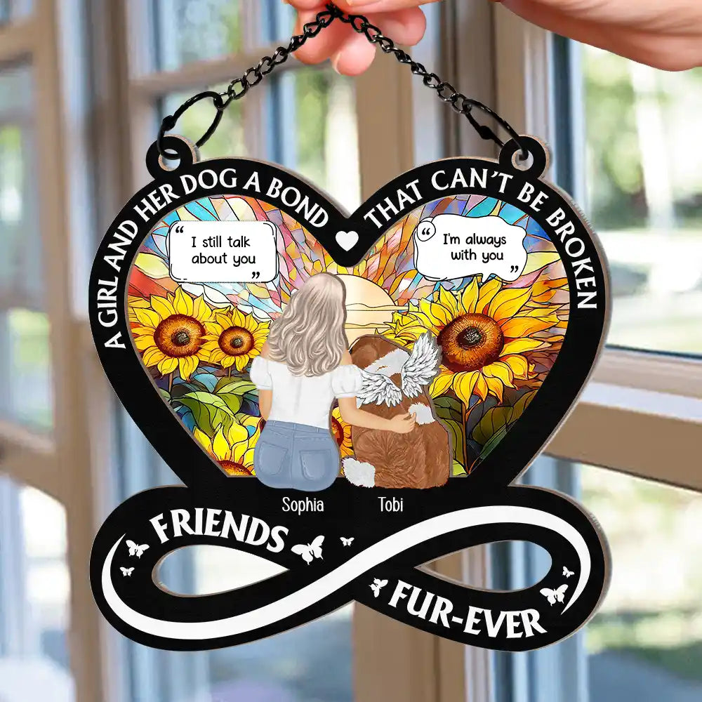 Memorial,Pet Lovers,Dog Lovers,Cat Lovers,Sad - Memorial Dogs Cats Friends Furever A Bond Can't Be Broken - Personalized Window Hanging Suncatcher Ornament