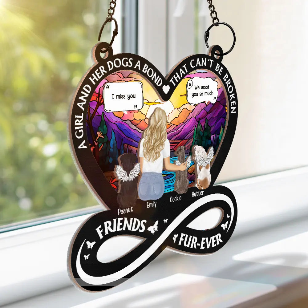 Memorial,Pet Lovers,Dog Lovers,Cat Lovers,Sad - Memorial Dogs Cats Friends Furever A Bond Can't Be Broken - Personalized Window Hanging Suncatcher Ornament