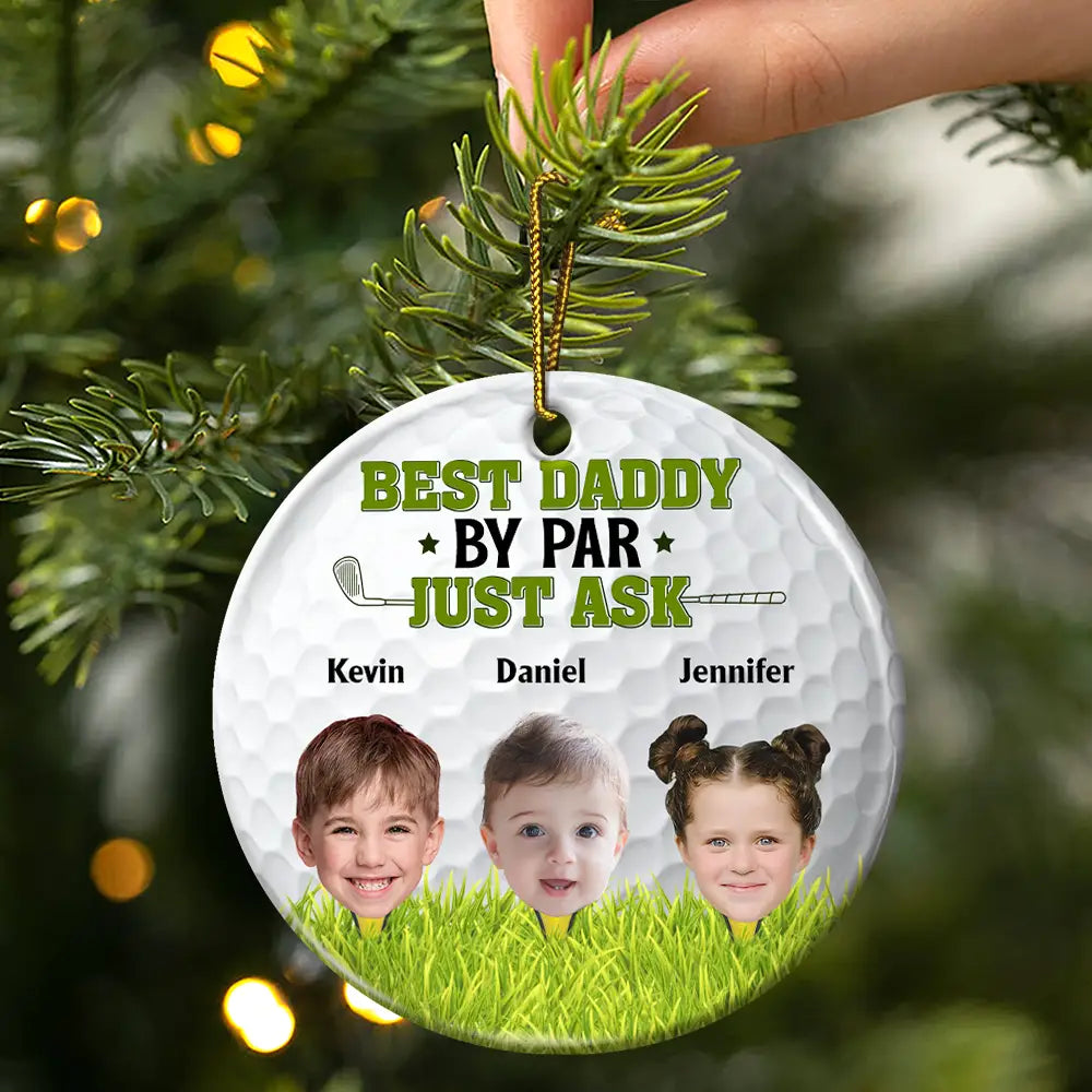 Golf, Gift For Father - Custom Photo Golf Lover Best Daddy Grandpa By Par - Personalized Circle Ceramic Ornament