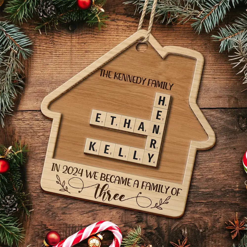 Family - The Year We Became A Family Crossword Scrabble - Personalized 2-Layered Wooden Ornament