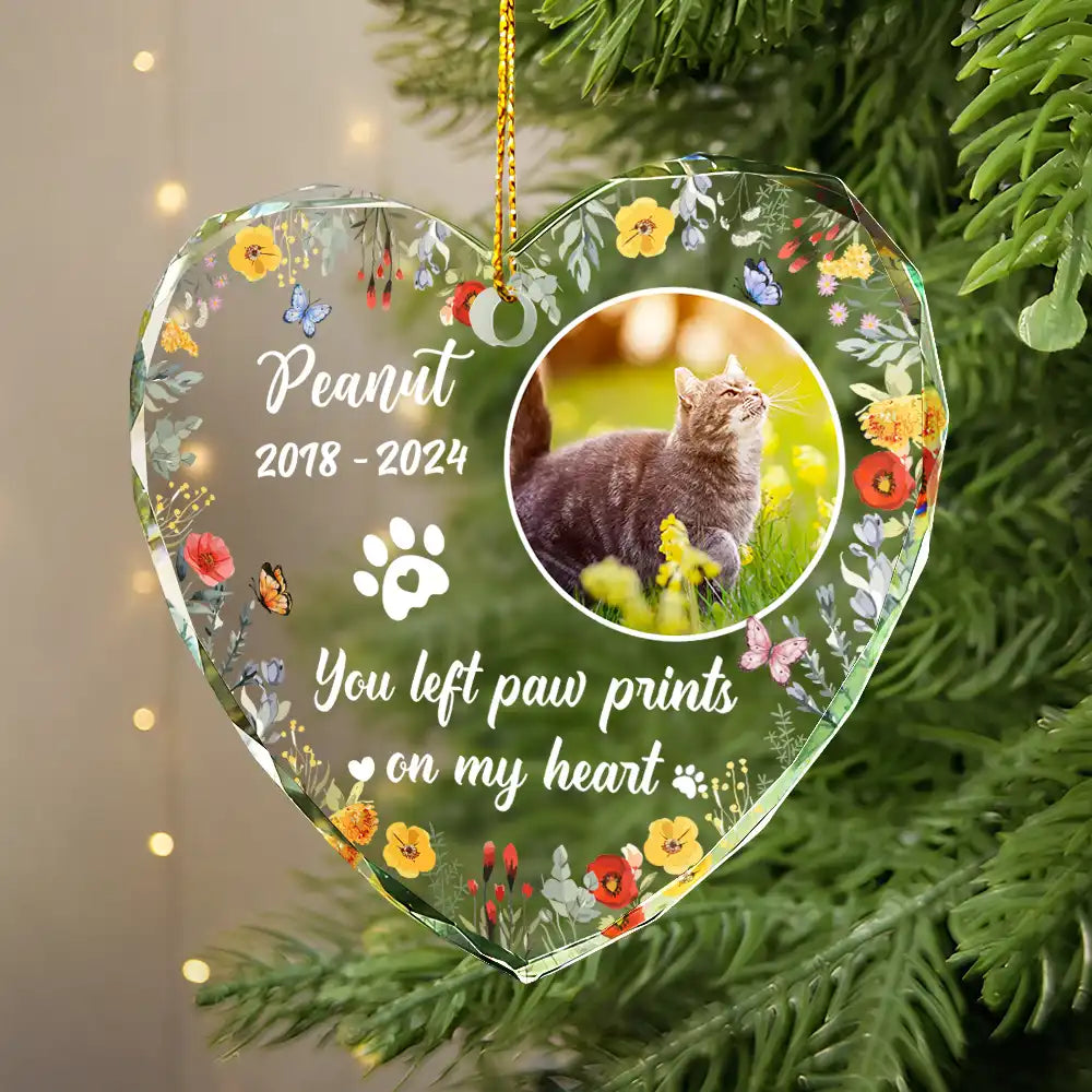 Pet Lovers, Dog Lovers, Cat Lovers - Custom Photo Dog Cat Memorial You Left Paw Prints On My Heart - Personalized Heart Shaped Glass Ornament