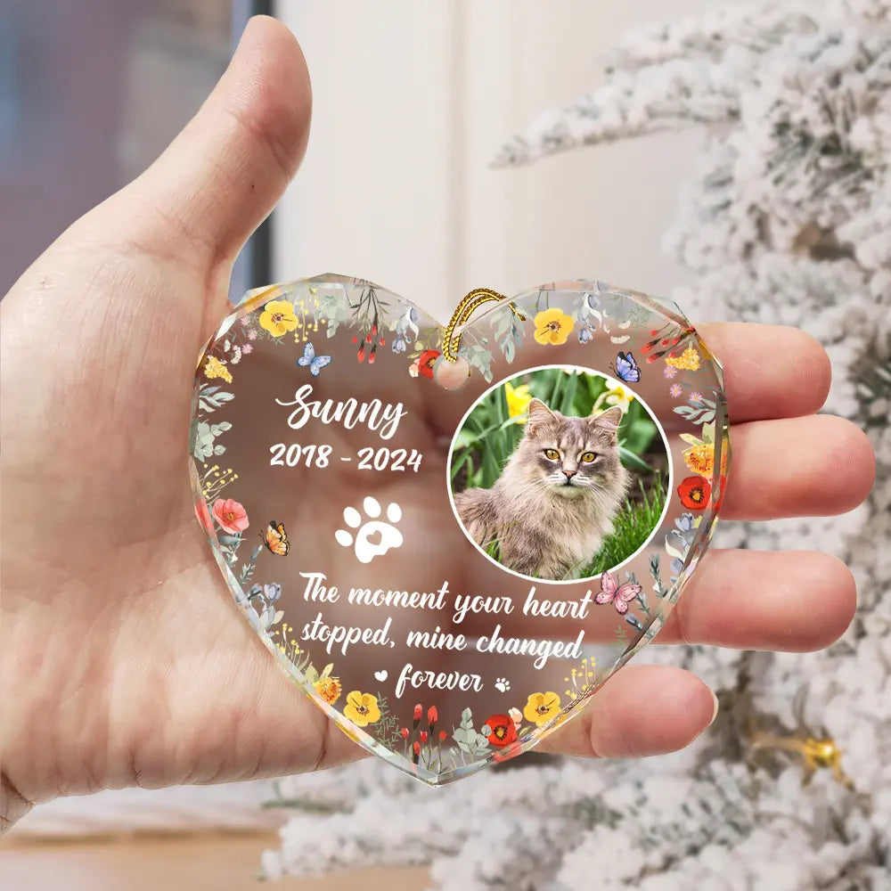 Pet Lovers, Dog Lovers, Cat Lovers - Custom Photo Dog Cat Memorial You Left Paw Prints On My Heart - Personalized Heart Shaped Glass Ornament