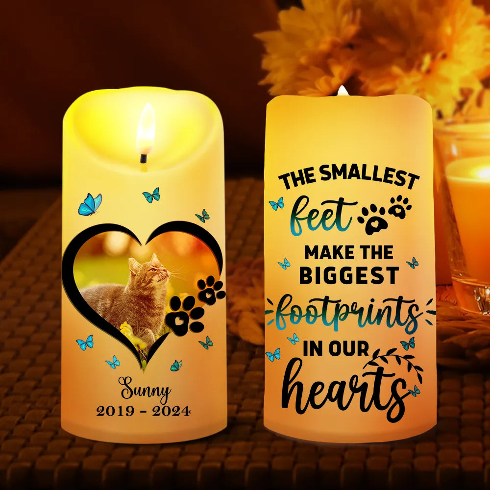 Continue Shopping,Custom Photo,Memorial,Pet Lovers,Dog Lovers,Cat Lovers,Sad - Custom Photo Dog Cat Memorial The Biggest Footprints In Our Hearts - Personalized Flameless LED Candle