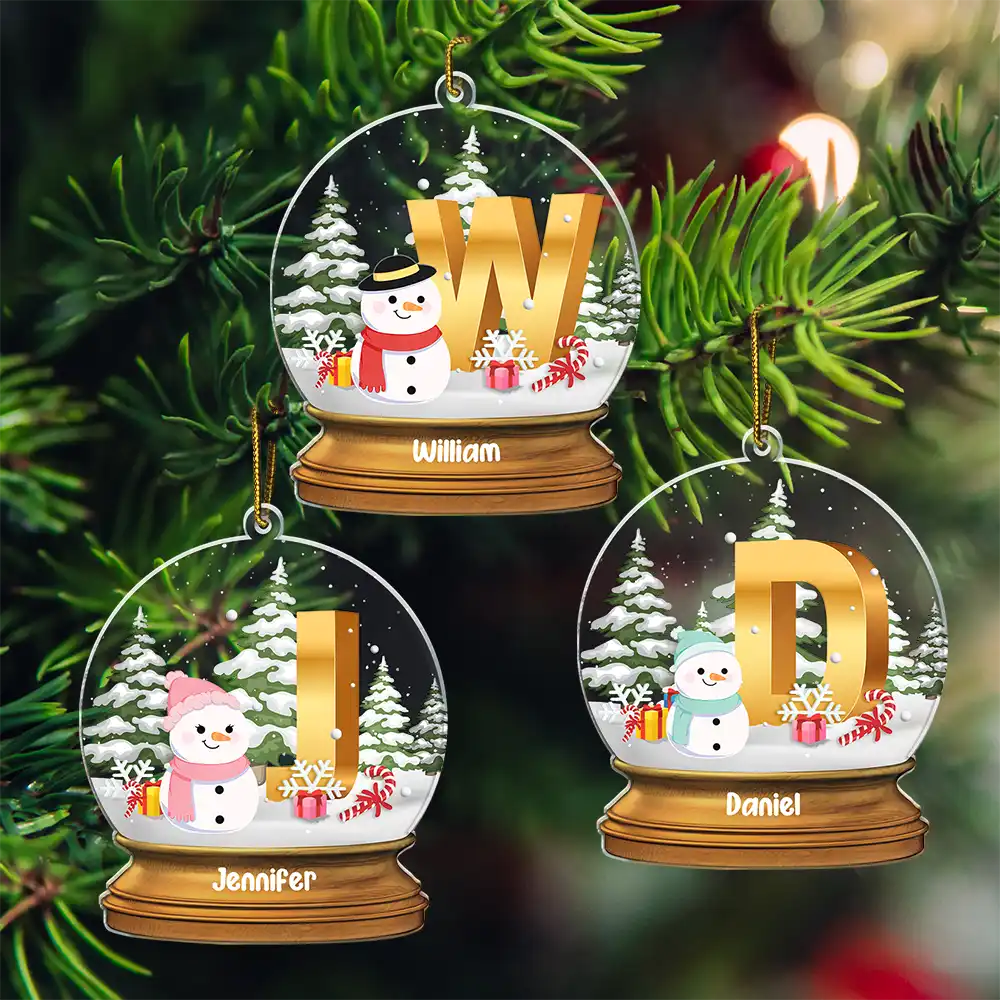 Family - Christmas Monogram Snowman Family - Personalized Custom Shaped Acrylic Ornament