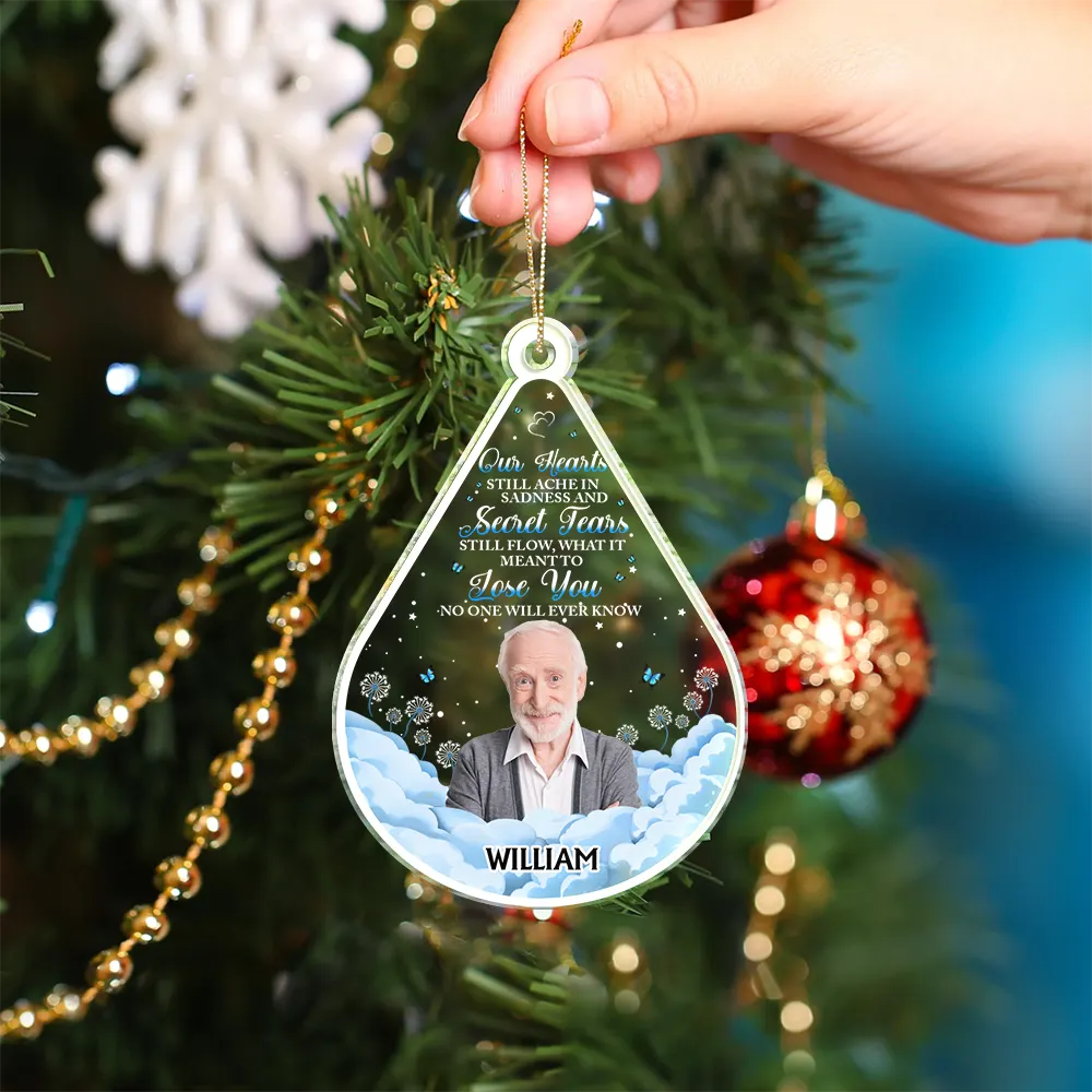 Continue Shopping,Christmas,Memorial,Custom Photo,Pet Lovers,Dog Lovers,Cat Lovers,Sad - Custom Photo Dog Cat Pet Human Memorial Teardrop - Personalized Custom Shaped Acrylic Ornament