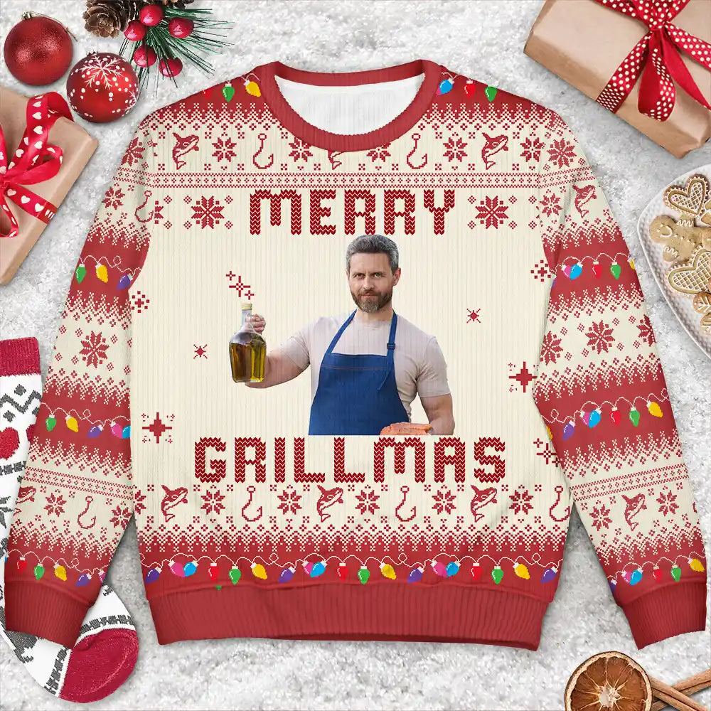 Christmas,Custom Photo,Golf,Fishing,Grilling,Gift For Men,Gift For Yourself,Happy - Custom Photo Merry Golfmas Fishmas Grillmas Huntmas - Personalized Unisex Ugly Sweater