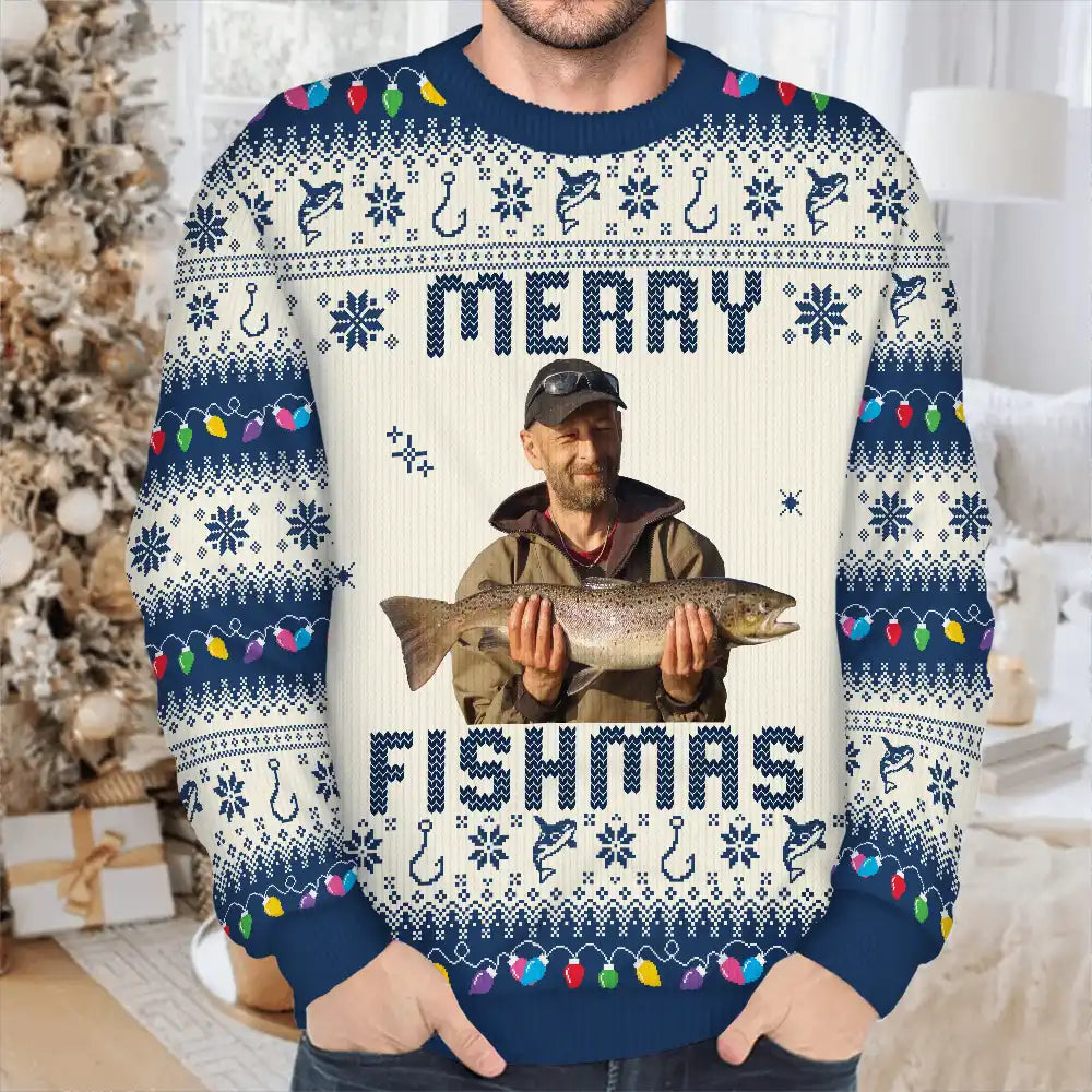 Christmas,Custom Photo,Golf,Fishing,Grilling,Gift For Men,Gift For Yourself,Happy - Custom Photo Merry Golfmas Fishmas Grillmas Huntmas - Personalized Unisex Ugly Sweater