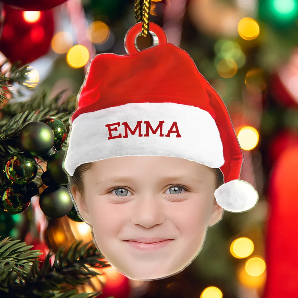 Family, Gift For Kids - Custom Photo Funny Family Face With Santa's Hat - Personalized Cutout Acrylic Ornament