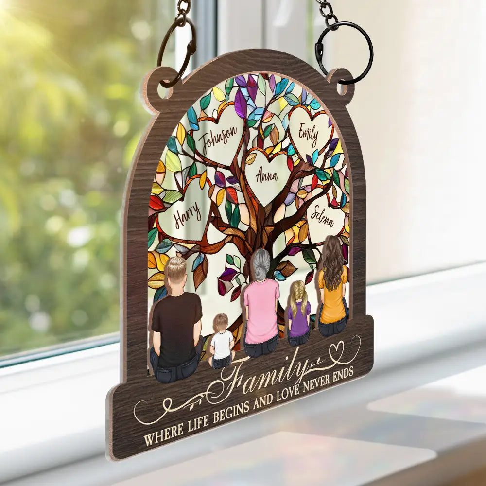 Family - Family Tree Where Life Begins And Love Never Ends - Personalized Window Hanging Suncatcher Ornament