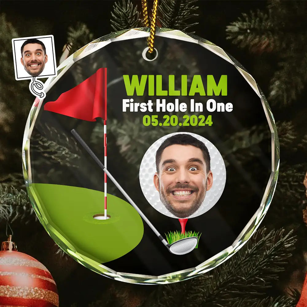 Christmas,Custom Photo,Golf,Gift For Yourself,Gift For Men,Funny - Custom Photo Funny Golf Lover First Hole In One - Personalized Circle Glass Ornament