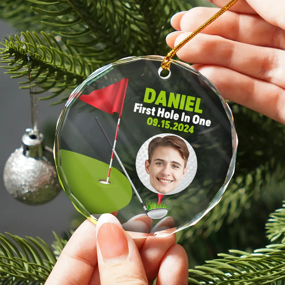 Christmas,Custom Photo,Golf,Gift For Yourself,Gift For Men,Funny - Custom Photo Funny Golf Lover First Hole In One - Personalized Circle Glass Ornament