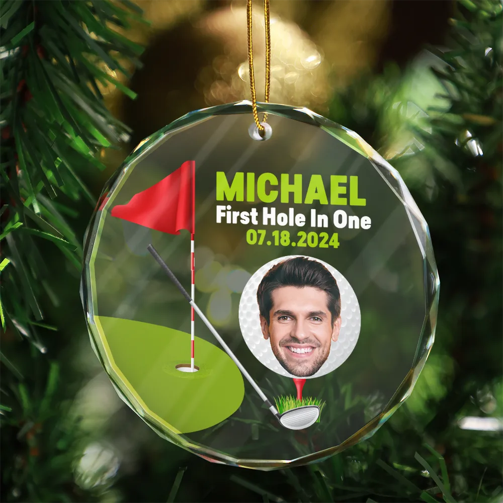 Christmas,Custom Photo,Golf,Gift For Yourself,Gift For Men,Funny - Custom Photo Funny Golf Lover First Hole In One - Personalized Circle Glass Ornament