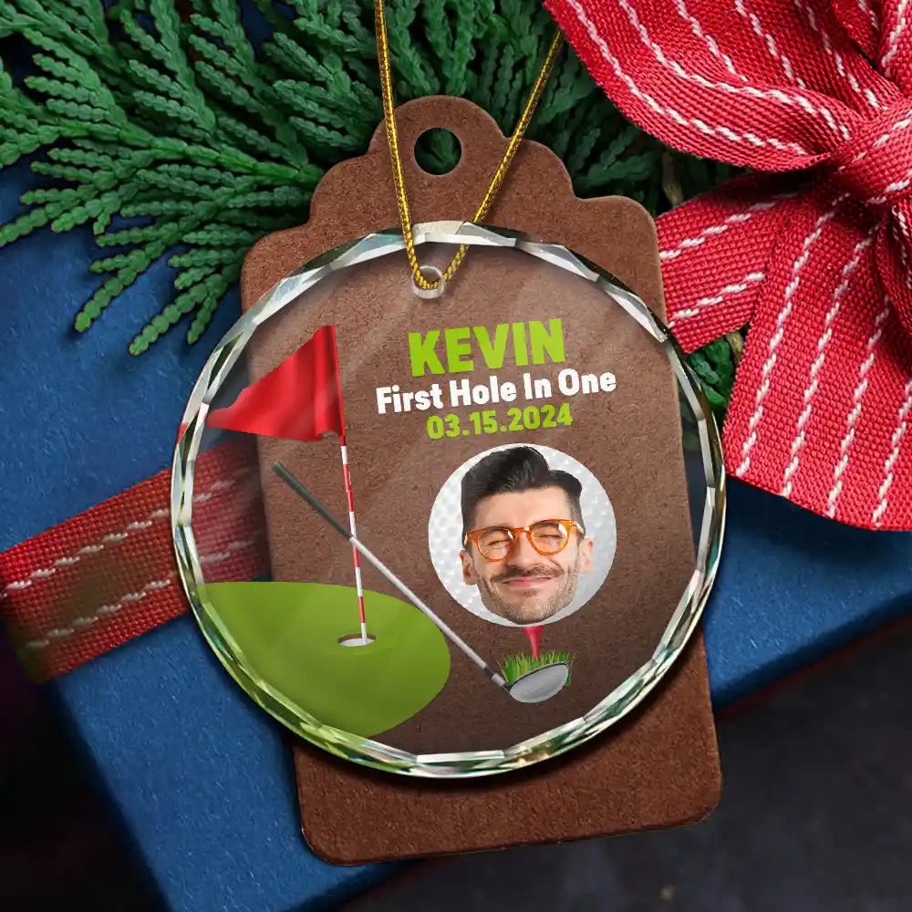 Christmas,Custom Photo,Golf,Gift For Yourself,Gift For Men,Funny - Custom Photo Funny Golf Lover First Hole In One - Personalized Circle Glass Ornament