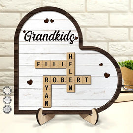 Gift For Grandpa, Gift For Grandma, Gift For Grandparents - Grandkids Crossword Scrabble - Personalized 2-Layered Wooden Plaque With Stand