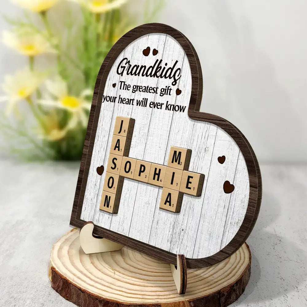 Gift For Grandpa, Gift For Grandma, Gift For Grandparents - Grandkids Crossword Scrabble - Personalized 2-Layered Wooden Plaque With Stand