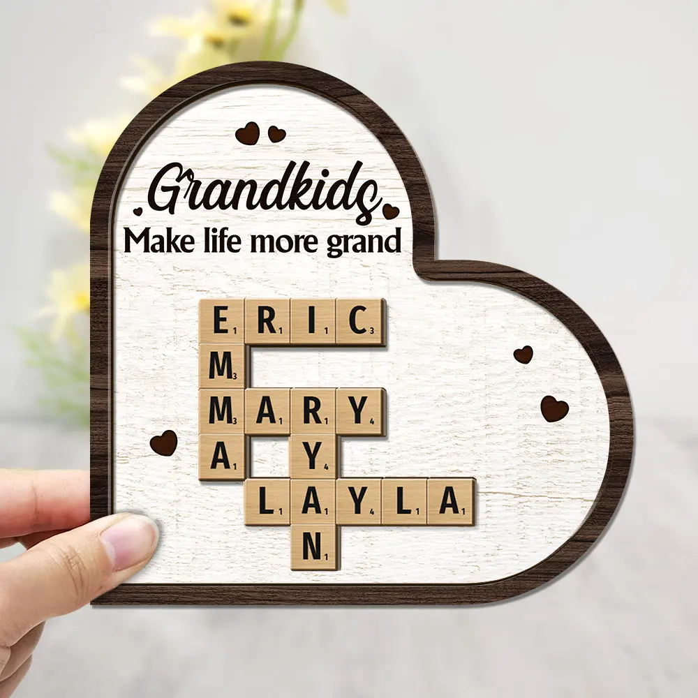 Gift For Grandpa, Gift For Grandma, Gift For Grandparents - Grandkids Crossword Scrabble - Personalized 2-Layered Wooden Plaque With Stand