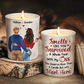 Gift For Couples, Gift For Husband, Gift For Boyfriend, Gift For Men - Smells Like You Survived A Whole Year Funny Couple - Personalized Scented Candle With Wooden Lid