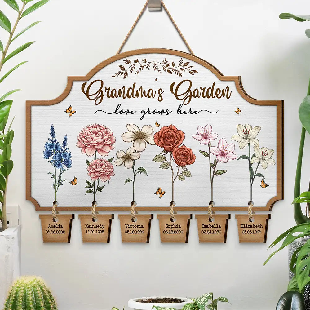 Gift For Grandma, Gift For Mother, Gift For Women - Grandma's Garden Birth Flowers - Personalized Custom Shaped Wood Sign With Wooden Tags