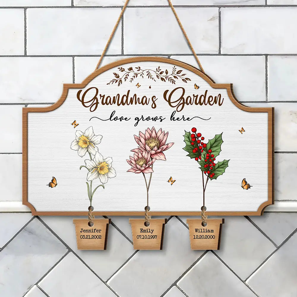 Gift For Grandma, Gift For Mother, Gift For Women - Grandma's Garden Birth Flowers - Personalized Custom Shaped Wood Sign With Wooden Tags