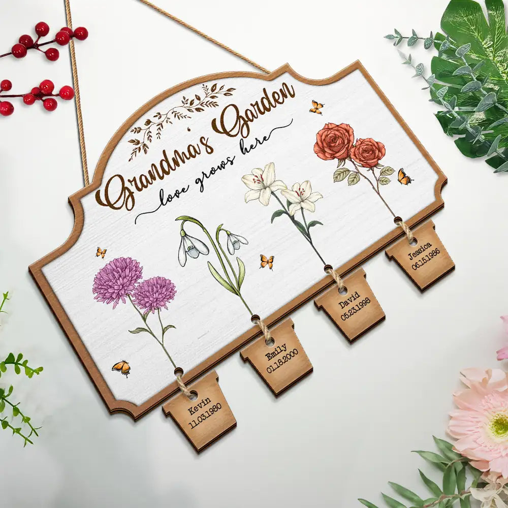 Gift For Grandma, Gift For Mother, Gift For Women - Grandma's Garden Birth Flowers - Personalized Custom Shaped Wood Sign With Wooden Tags