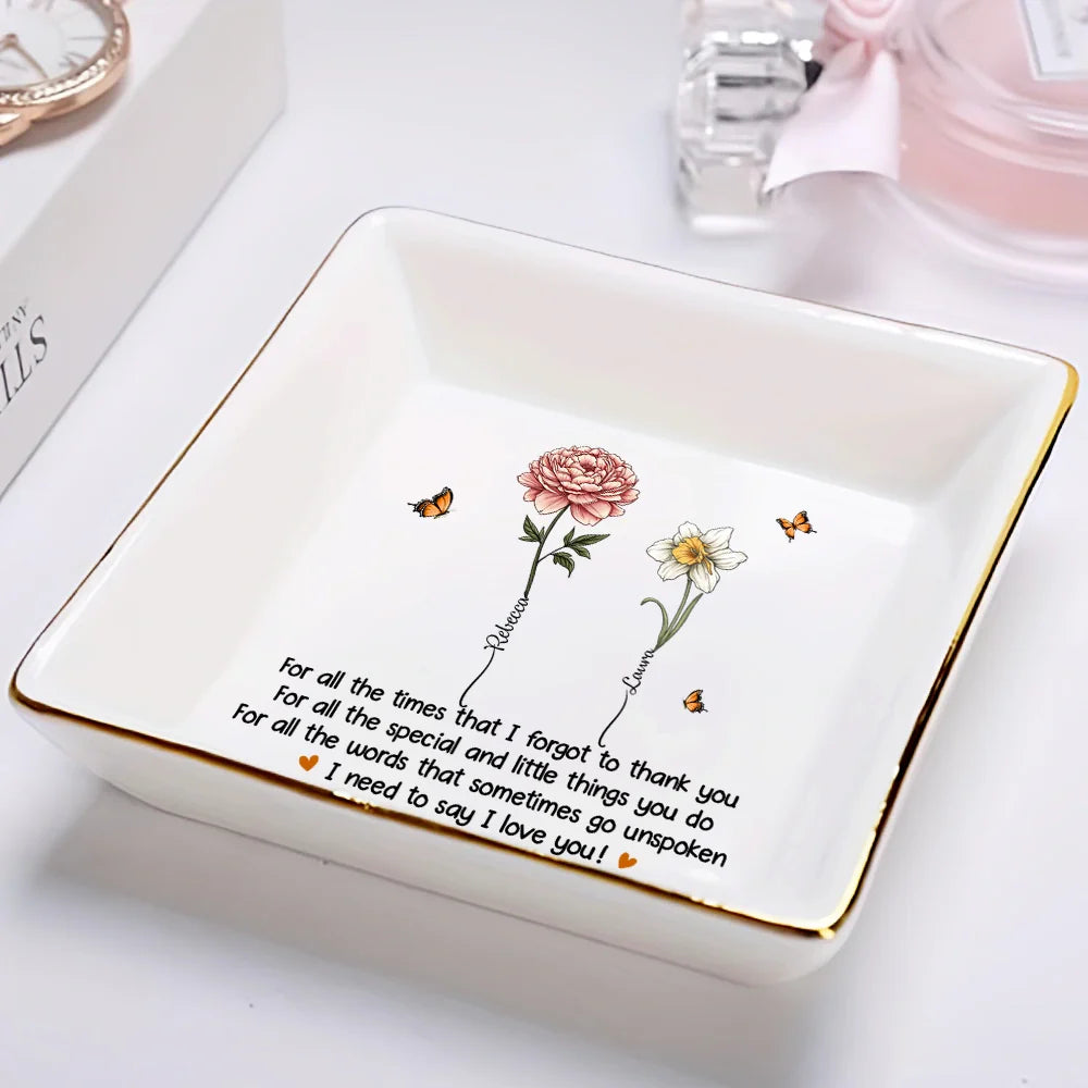 Gift For Mother, Gift For Grandma, Gift For Women, Mom - Daughters (Adult) - We Love You Mom Birth Flowers - Personalized Ring Dish