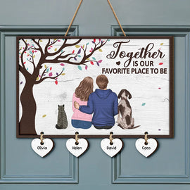 Gift For Couples,Gift For Husband,Gift For Wife,Gift For Boyfriend,Gift For Girlfriend,Pet Lovers,Dog Lovers,Cat Lovers,Happy - Dog Cat Pet Couple Together Is Our Favorite Place To Be - Personalized Custom Shaped Wood Sign With Wooden Tags