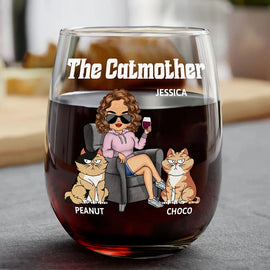 Pet Lovers, Cat Lovers, Cat Mom, Gift For Women - The Cat Mother - Personalized Stemless Wine Glass