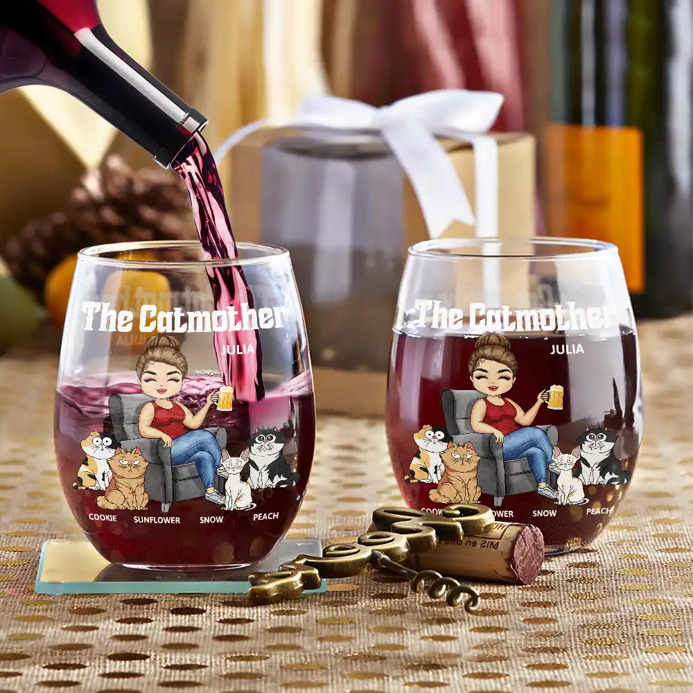 Pet Lovers, Cat Lovers, Cat Mom, Gift For Women - The Cat Mother - Personalized Stemless Wine Glass